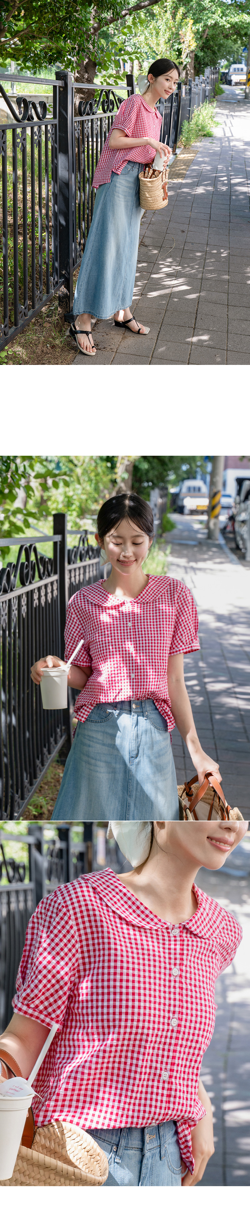동글카라 체크 반팔 블라우스