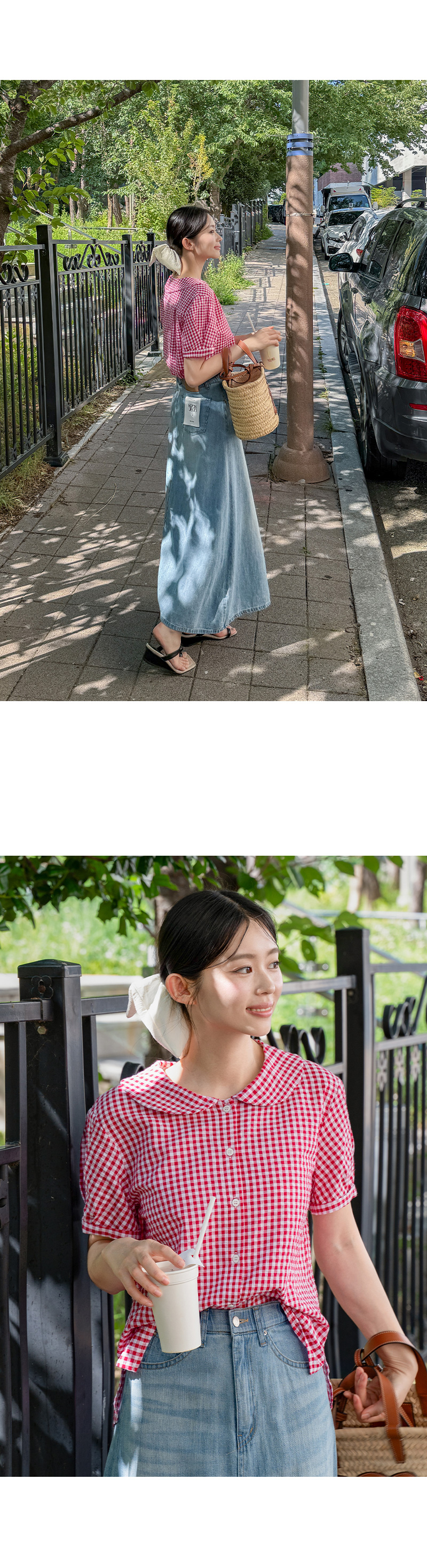 동글카라 체크 반팔 블라우스