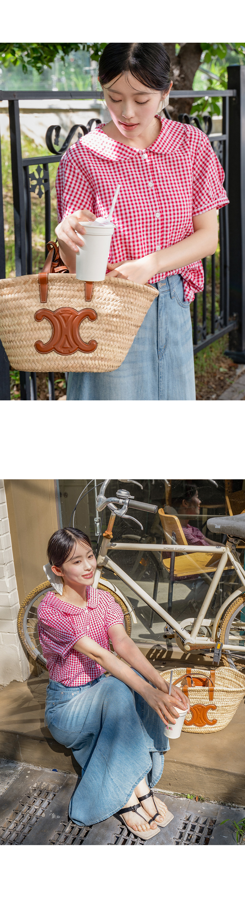 동글카라 체크 반팔 블라우스