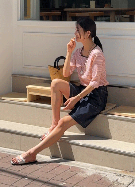 -스퀘어 스트라이프 5부 티셔츠