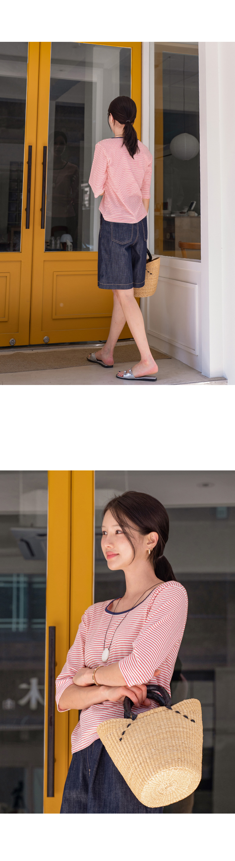 -스퀘어 스트라이프 5부 티셔츠