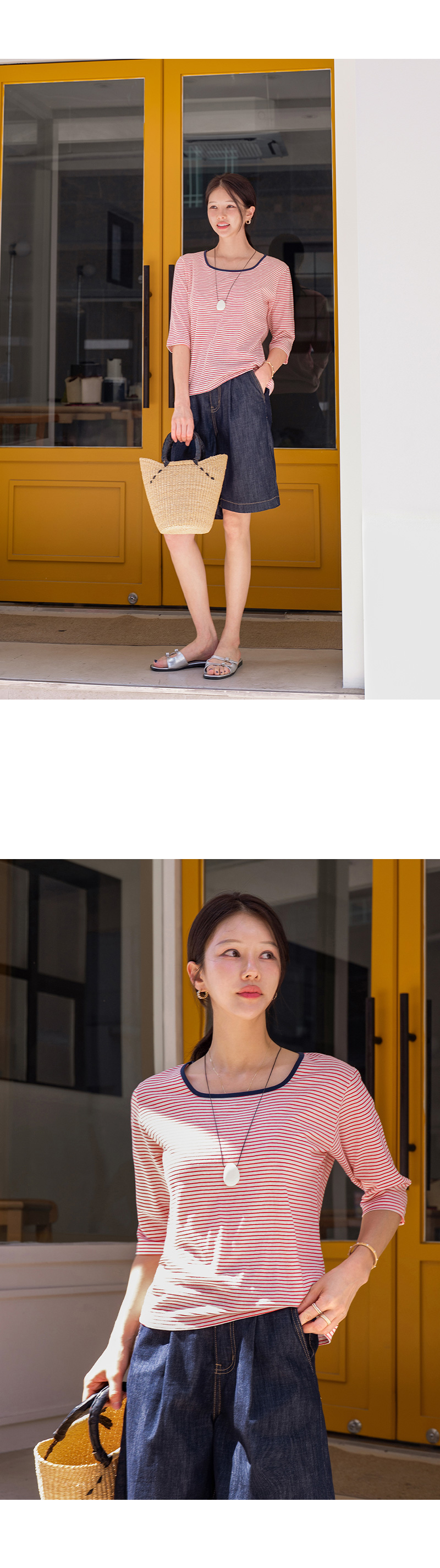 -스퀘어 스트라이프 5부 티셔츠
