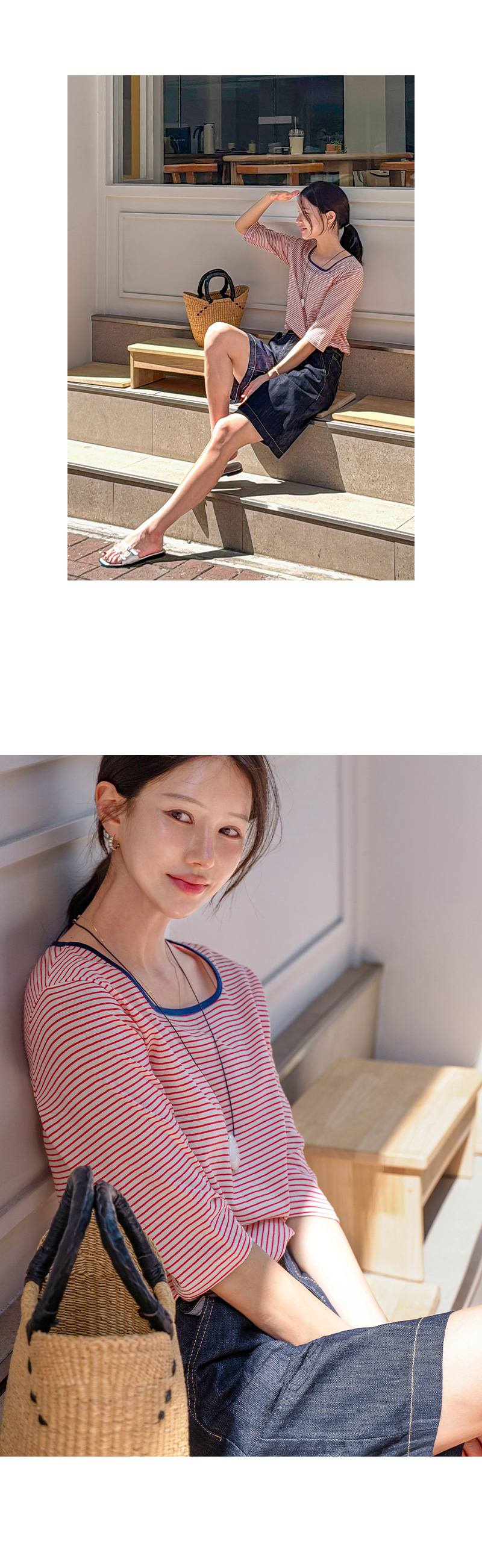 -스퀘어 스트라이프 5부 티셔츠