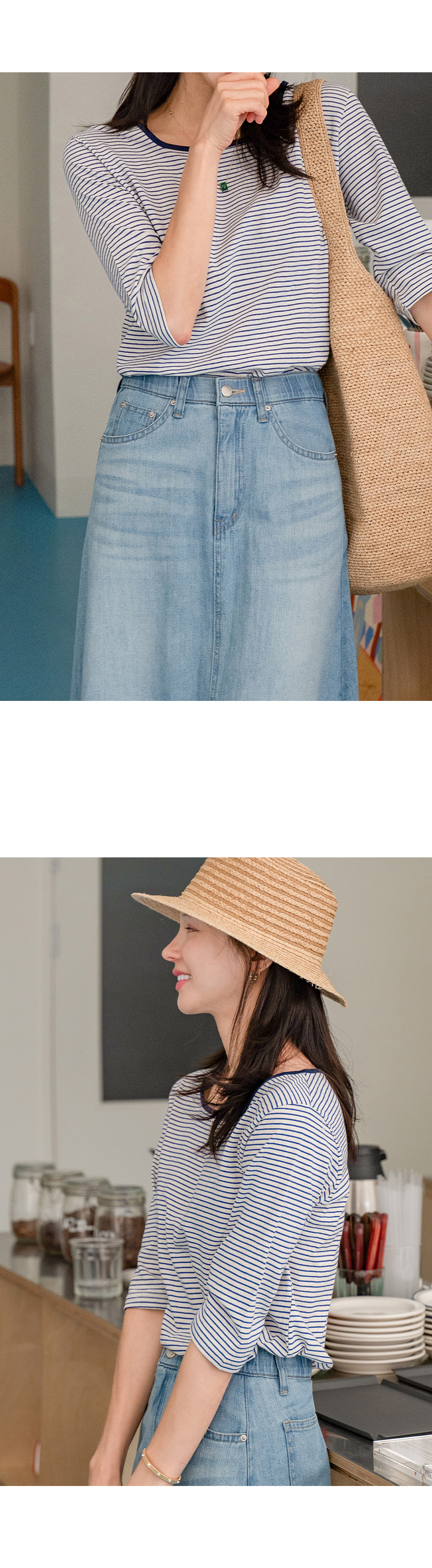 -스퀘어 스트라이프 5부 티셔츠