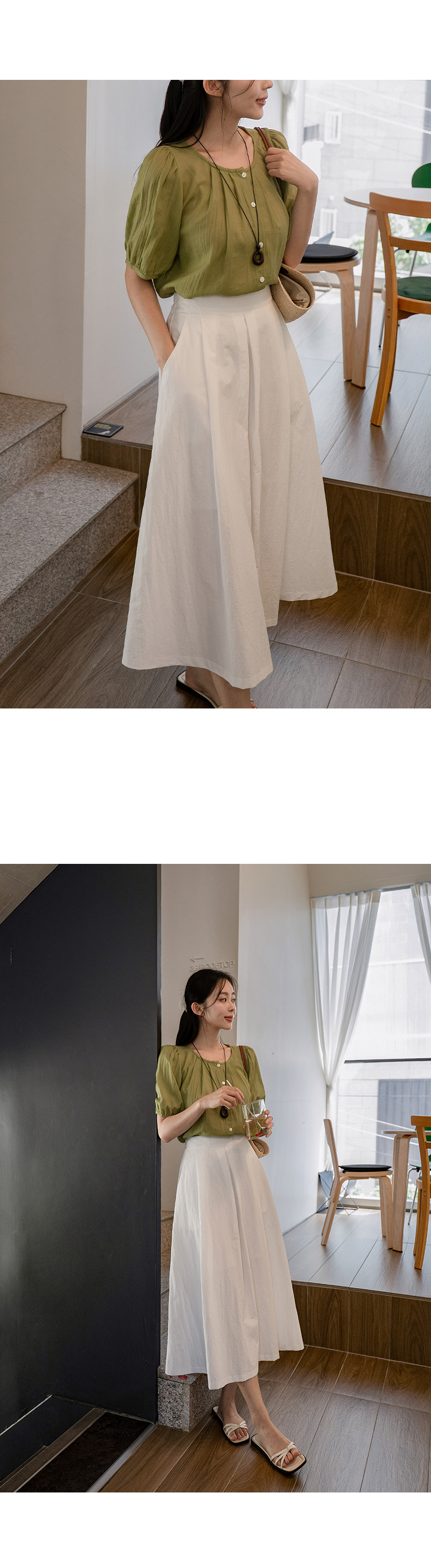 라운드 핀턱 반팔 블라우스