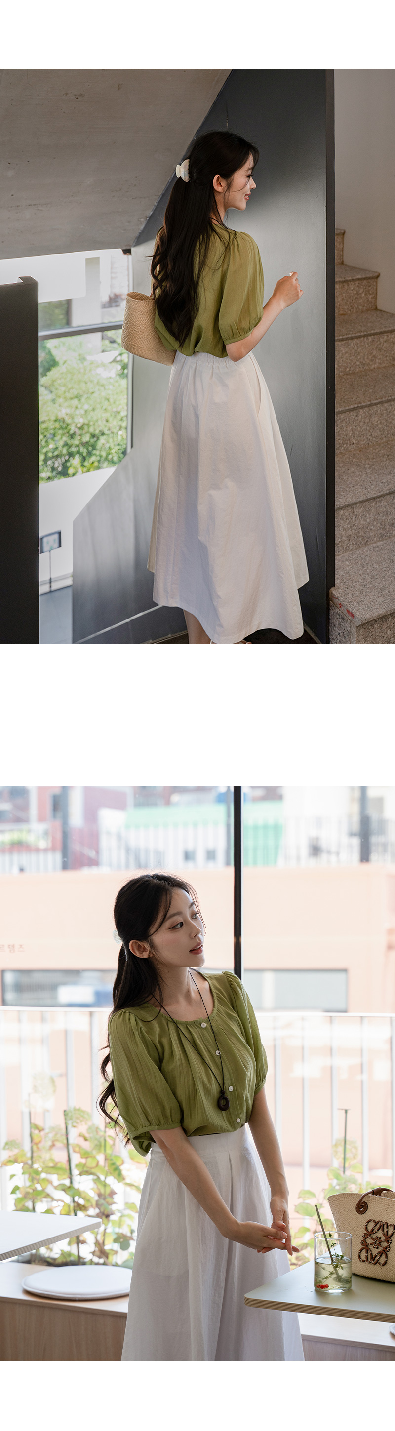 라운드 핀턱 반팔 블라우스