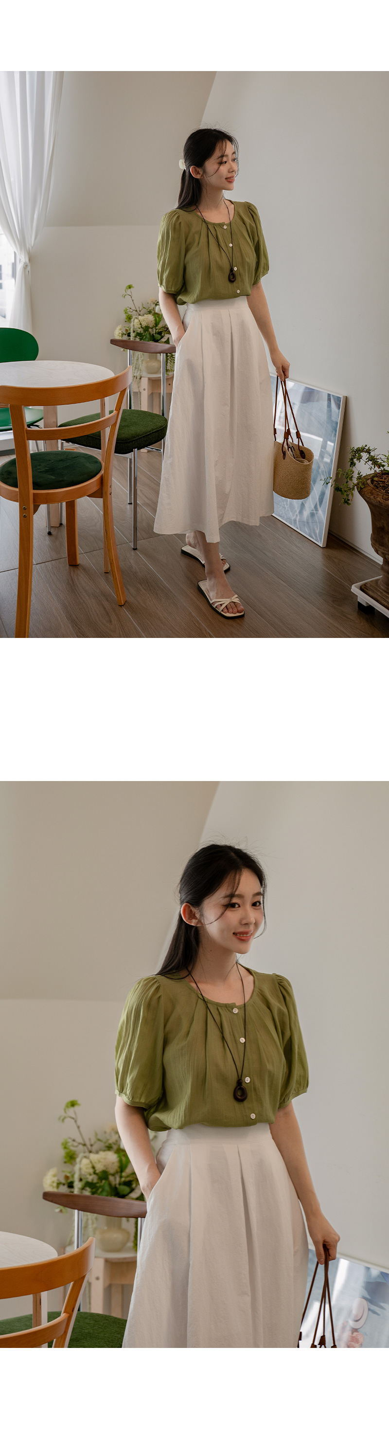 라운드 핀턱 반팔 블라우스