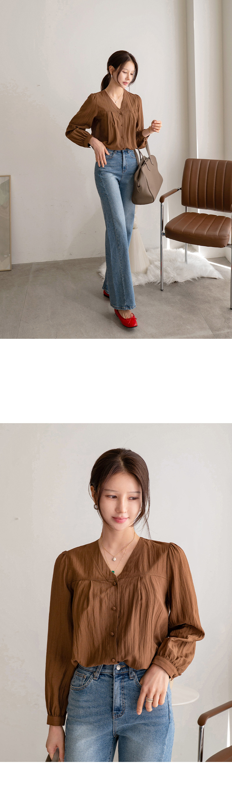 브이넥 퍼프 핀턱 셔링 블라우스