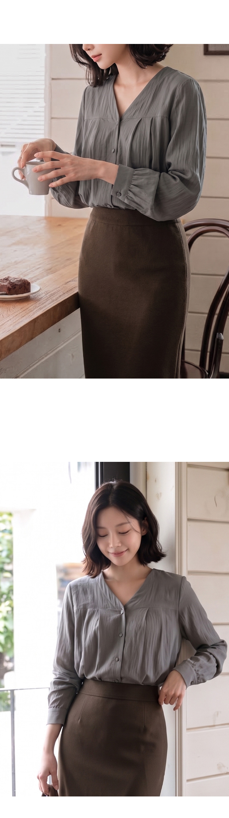 브이넥 퍼프 핀턱 셔링 블라우스