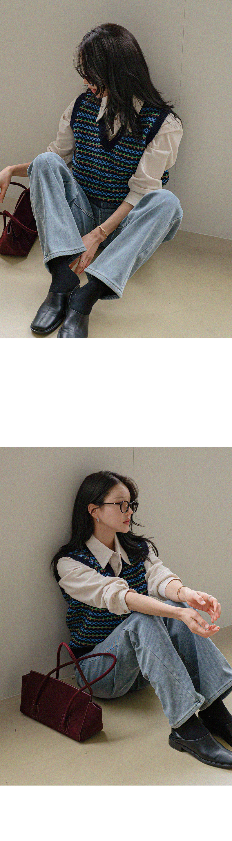 쇼콜라 배색 패턴 니트조끼