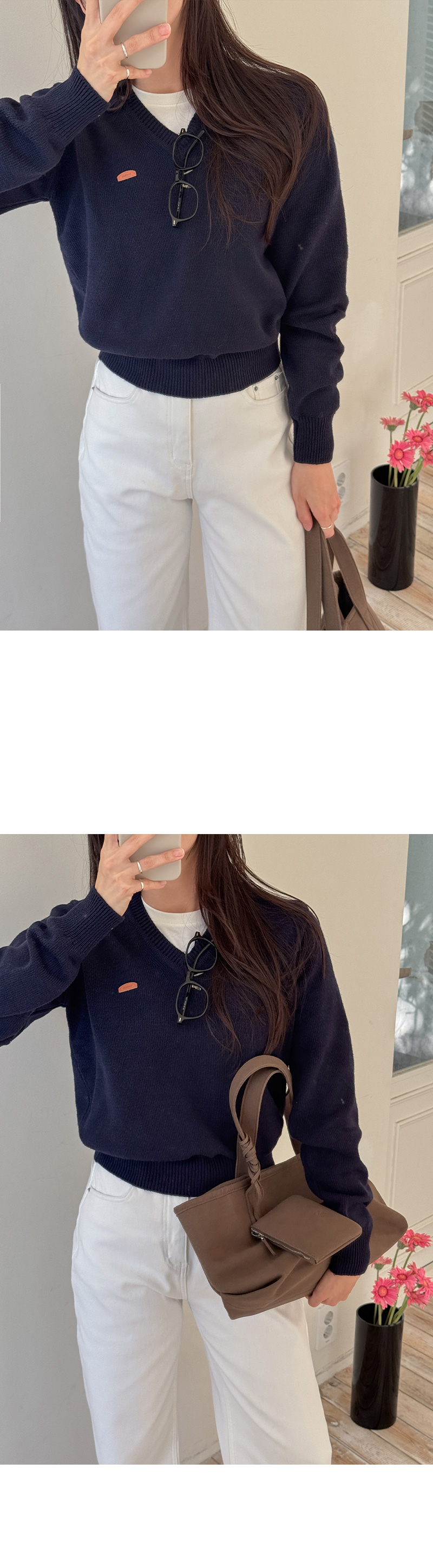 베이직 레더패치 V 니트