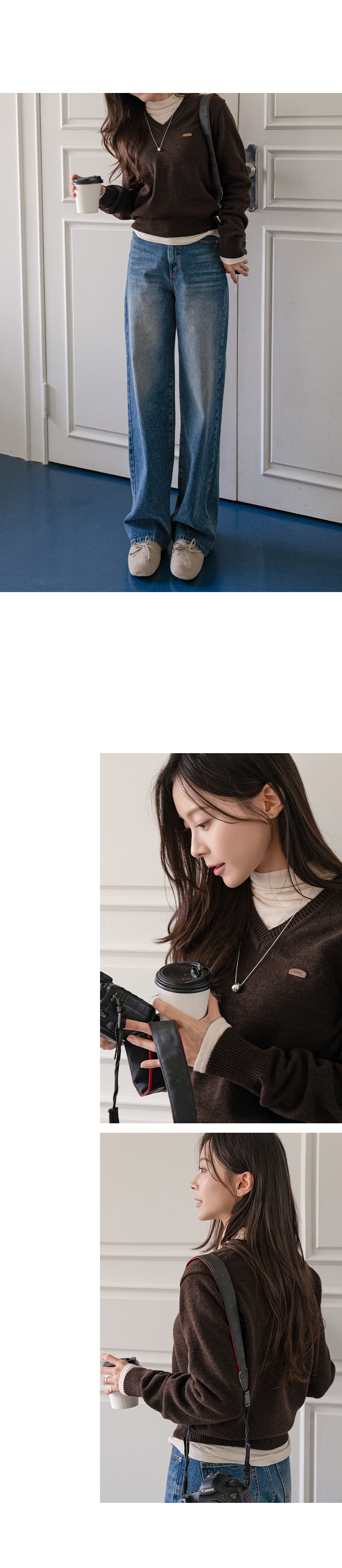 베이직 레더패치 V 니트