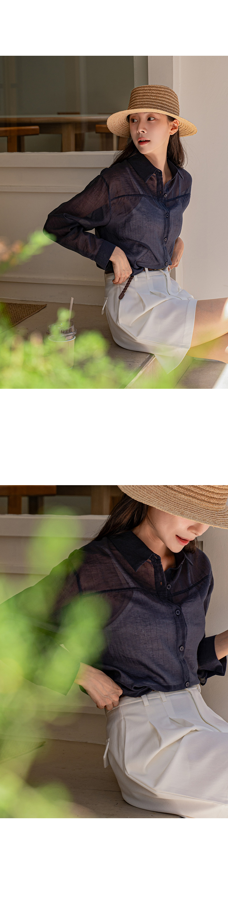 은은한 시스루 베이직 카라 셔츠
