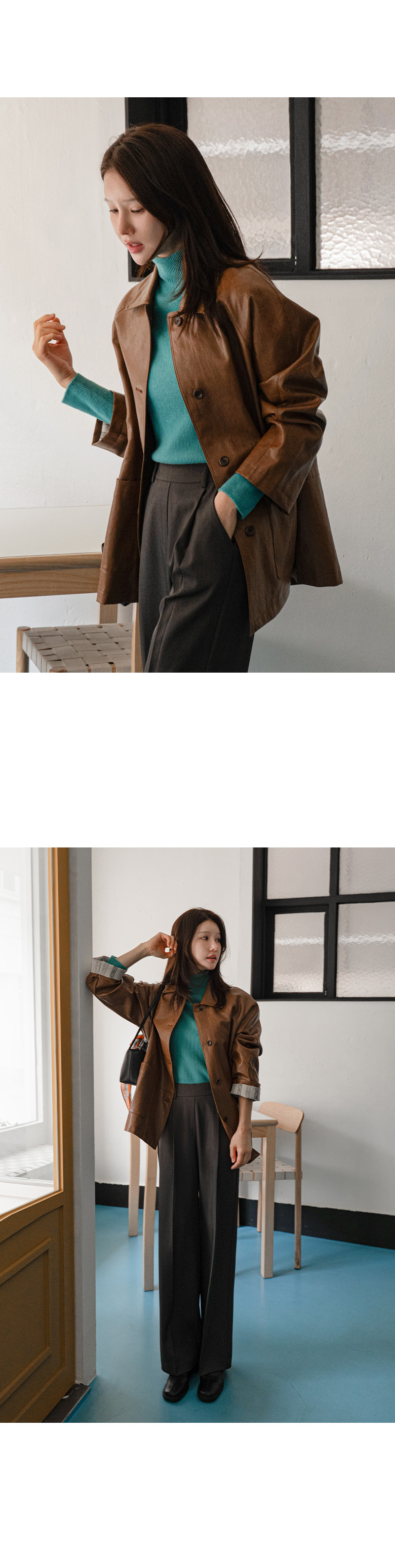 글로시 미드 레더 자켓