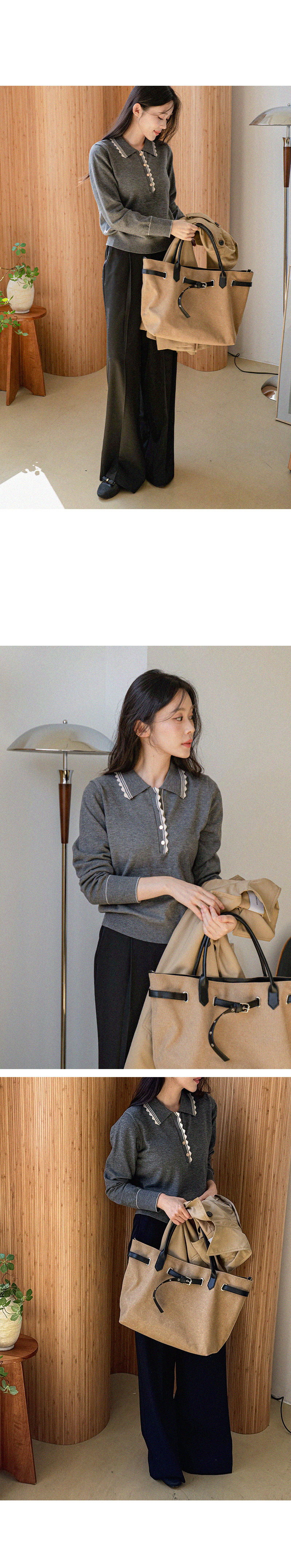 물결 배색 보들 카라 니트