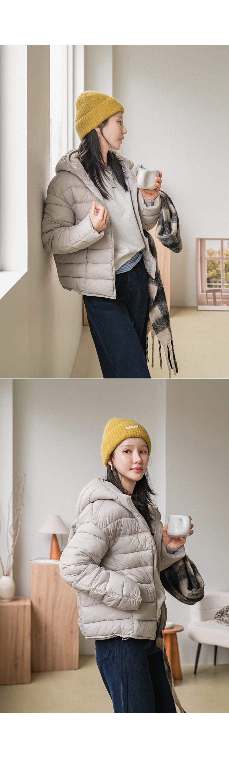 데일리 후드 스트링 경량 패딩