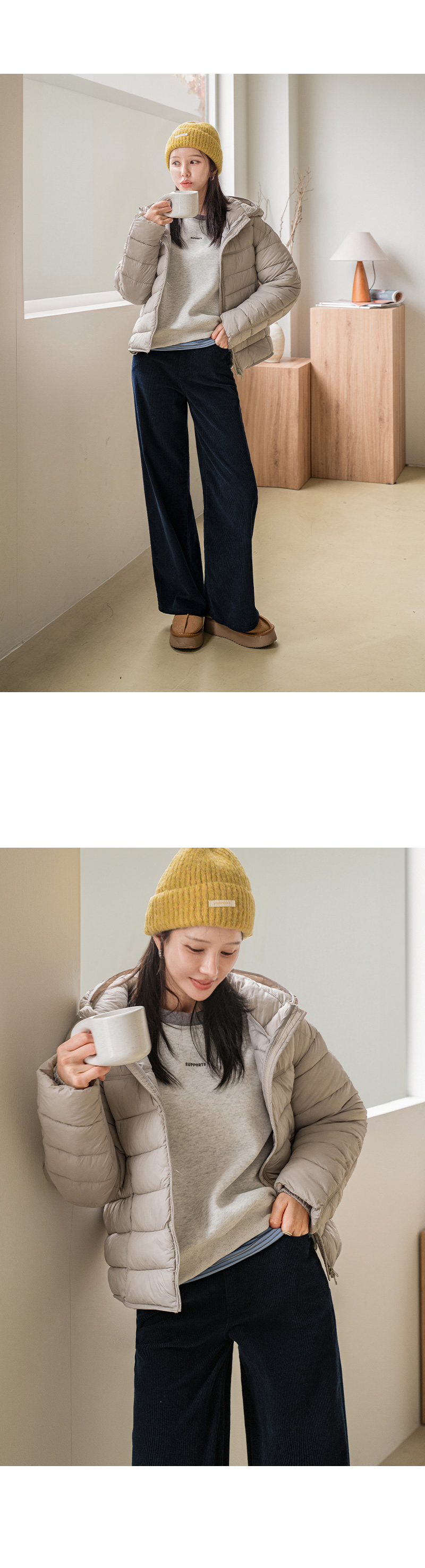데일리 후드 스트링 경량 패딩