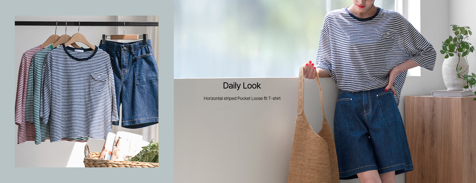 Horizontal striped Pocket Loose fit T-shirt