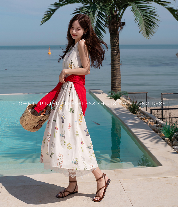 Flower Printed Sleeveless shirts Lace Long Dess