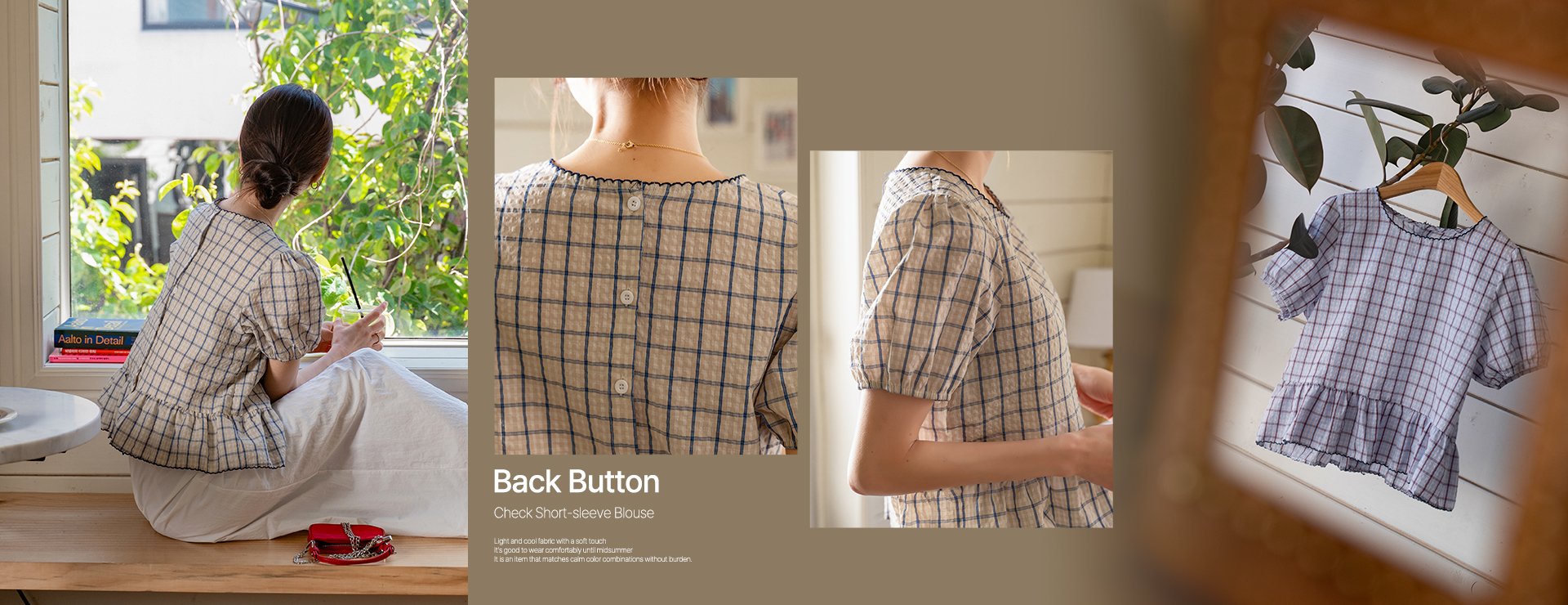 Back Button Check Short-sleeve Blouse