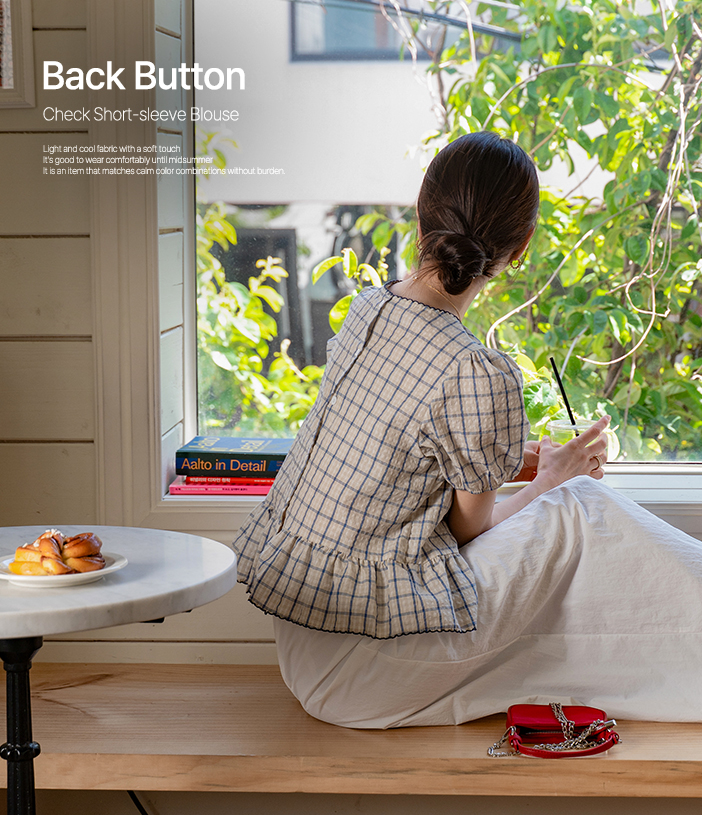 Back Button Check Short-sleeve Blouse